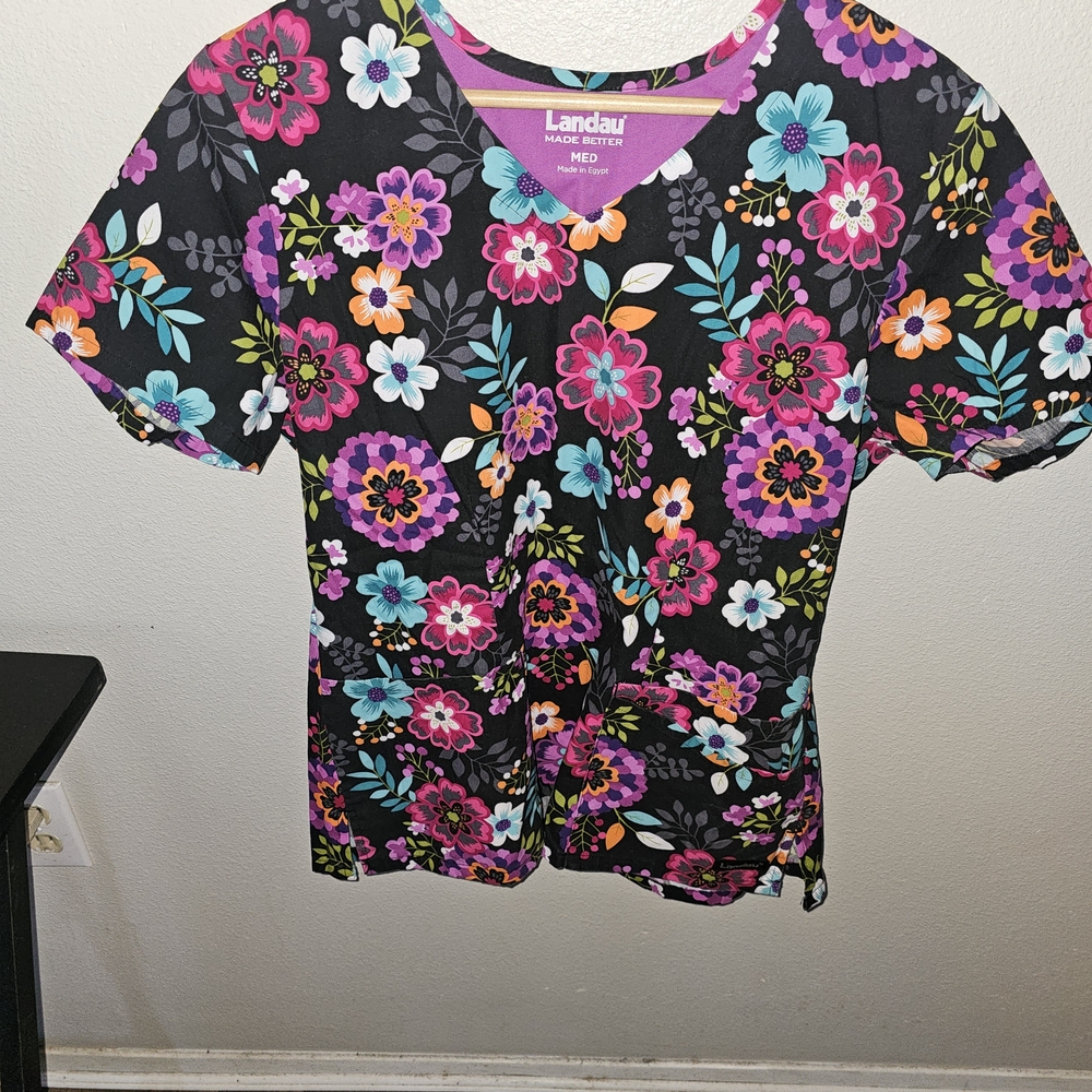 Landau Medium Women's Floral Print Scrub Top - Black and Multicolor